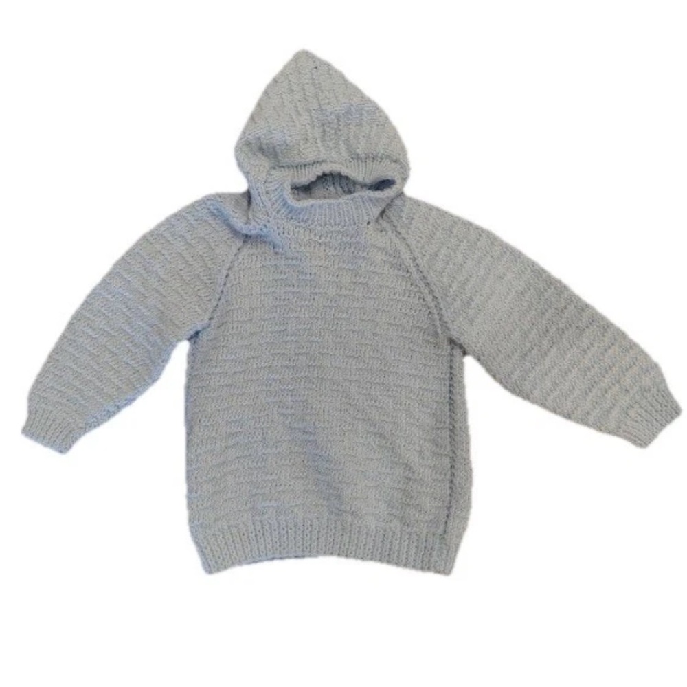 Handmade Knit Crochet Baby Blue Sweater Girls 5T Chunky Hooded Zipper On Back